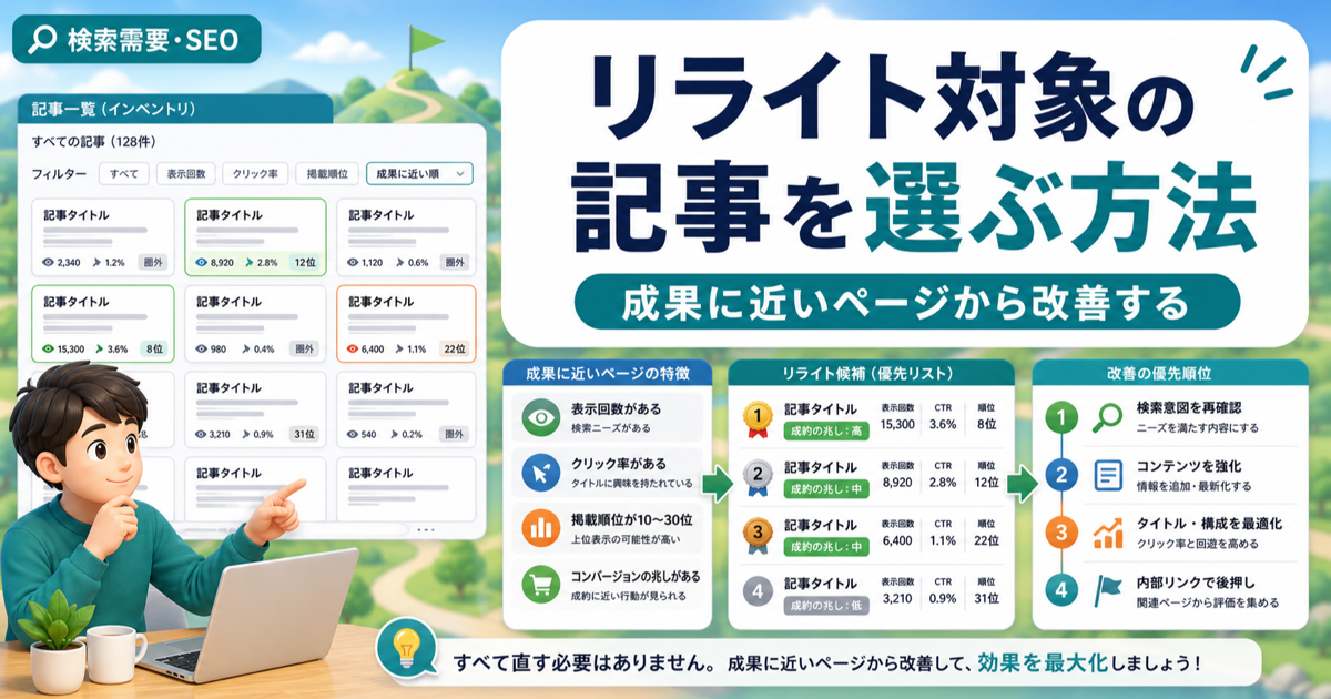 リライト対象の記事を選ぶ方法｜全部直さず成果に近いページから改善するのアイキャッチ画像