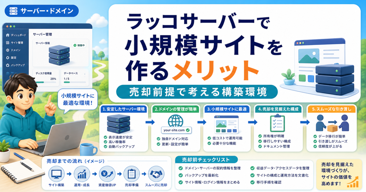 ラッコサーバーで小規模サイトを作るメリット｜売却前提で考える構築環境のアイキャッチ画像