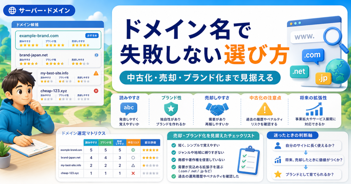 ドメイン名で失敗しない選び方｜中古化・売却・ブランド化まで見据えるのアイキャッチ画像