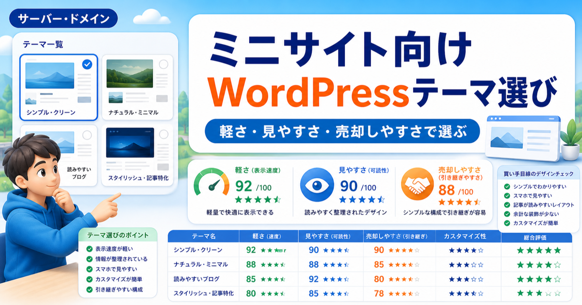 ミニサイト向けWordPressテーマ選び｜軽さ・見やすさ・売却しやすさで選ぶのアイキャッチ画像