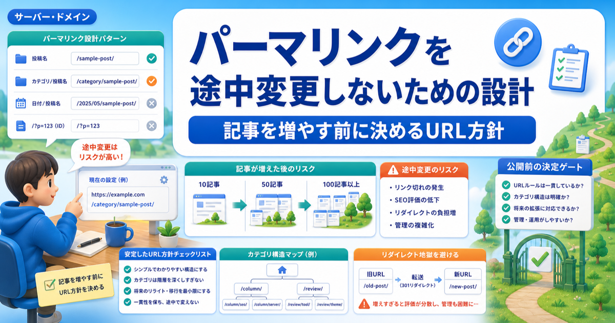 パーマリンクを途中変更しないための設計｜記事を増やす前に決めるURL方針のアイキャッチ画像