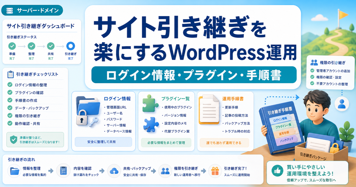 サイト引き継ぎを楽にするWordPress運用｜ログイン情報・プラグイン・手順書のアイキャッチ画像