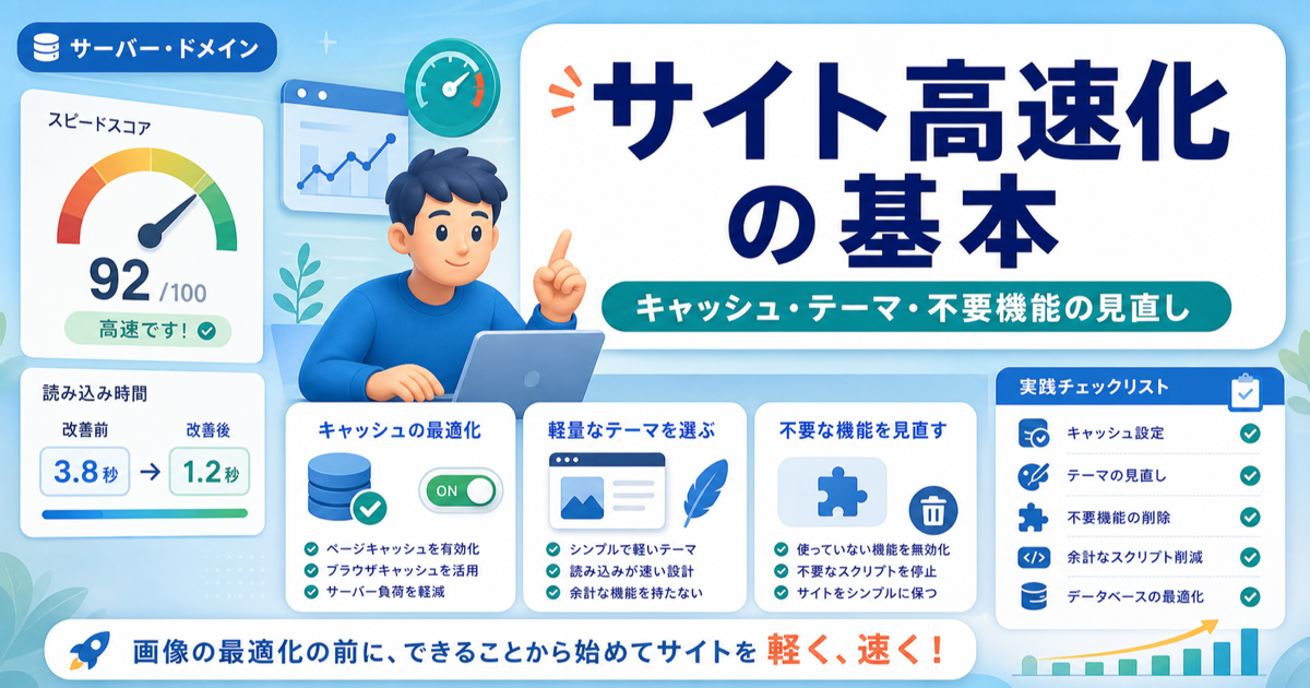 サイト高速化の基本｜画像前でもできるキャッシュ・テーマ・不要機能の見直しのアイキャッチ画像