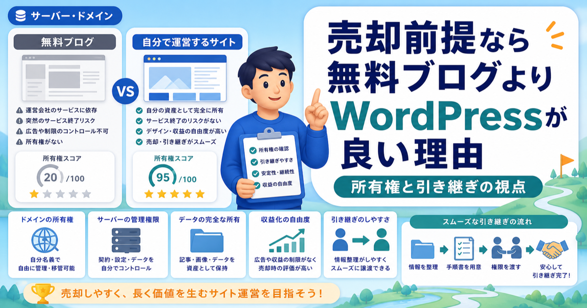 売却前提なら無料ブログよりWordPressが良い理由｜所有権と引き継ぎの視点のアイキャッチ画像