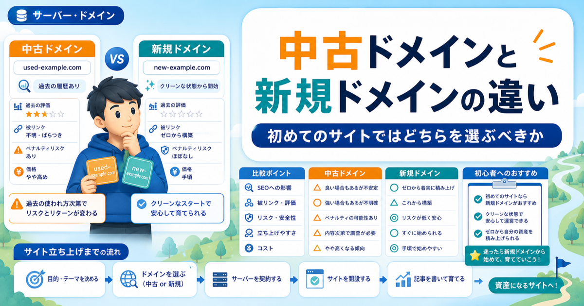 中古ドメインと新規ドメインの違い｜初めてのサイトではどちらを選ぶべきかのアイキャッチ画像