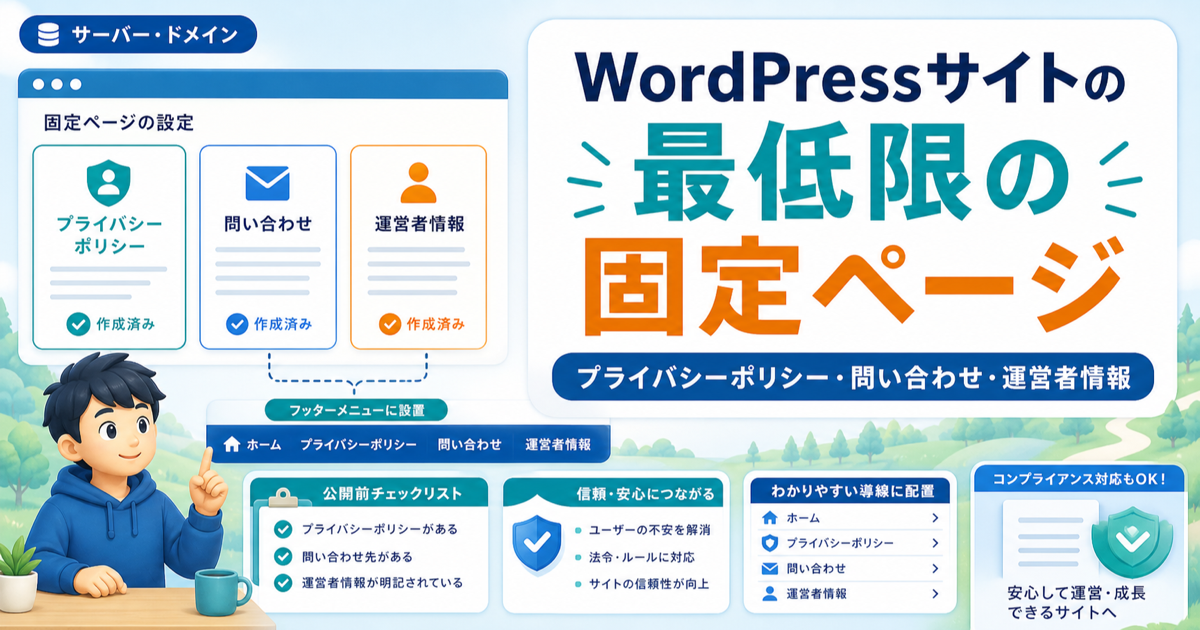 WordPressサイトの最低限の固定ページ｜プライバシーポリシー・問い合わせ・運営者情報のアイキャッチ画像
