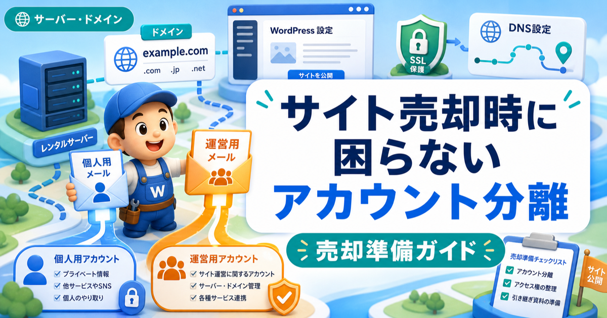 サイト売却時に困らないアカウント分離｜個人用メールと運営用メールを分けるのアイキャッチ画像