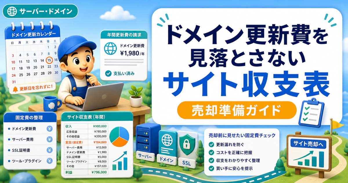 ドメイン更新費を見落とさないサイト収支表｜売却前に見せたい固定費の整理のアイキャッチ画像