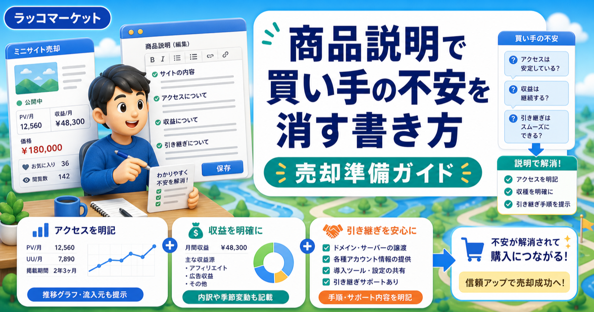 商品説明で買い手の不安を消す書き方｜アクセス・収益・引き継ぎを明確にするのアイキャッチ画像
