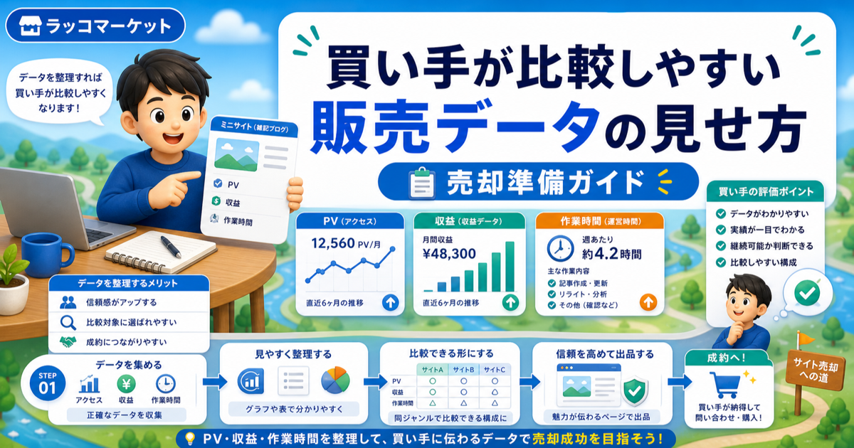 買い手が比較しやすい販売データの見せ方｜PV・収益・作業時間の整理のアイキャッチ画像