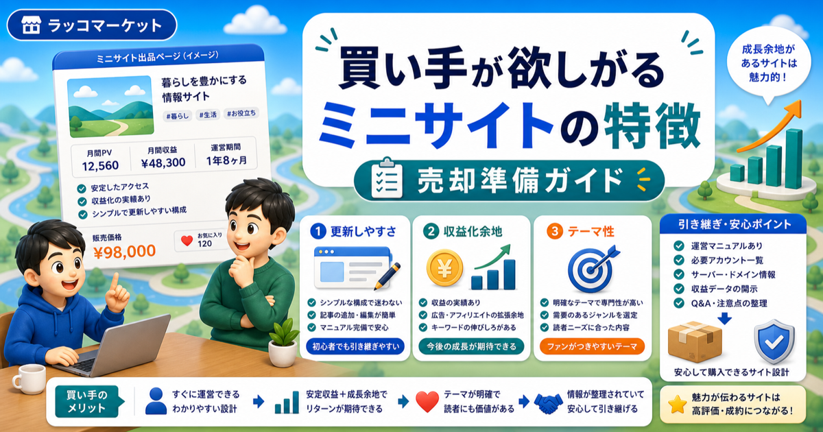 買い手が欲しがるミニサイトの特徴｜更新しやすさ・収益化余地・テーマ性のアイキャッチ画像