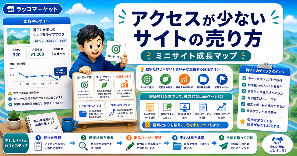 アクセスが少ないサイトの売り方｜数字以外で評価される材料を増やすのアイキャッチ画像