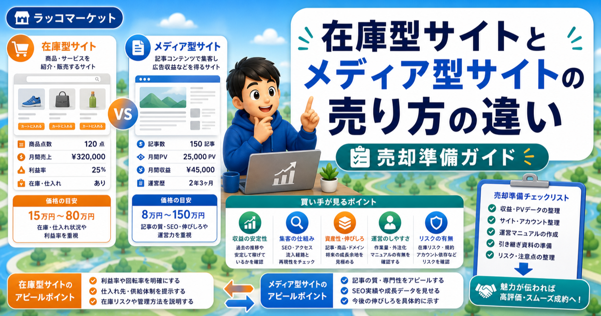 在庫型サイトとメディア型サイトの売り方の違い｜買い手が見るポイントのアイキャッチ画像