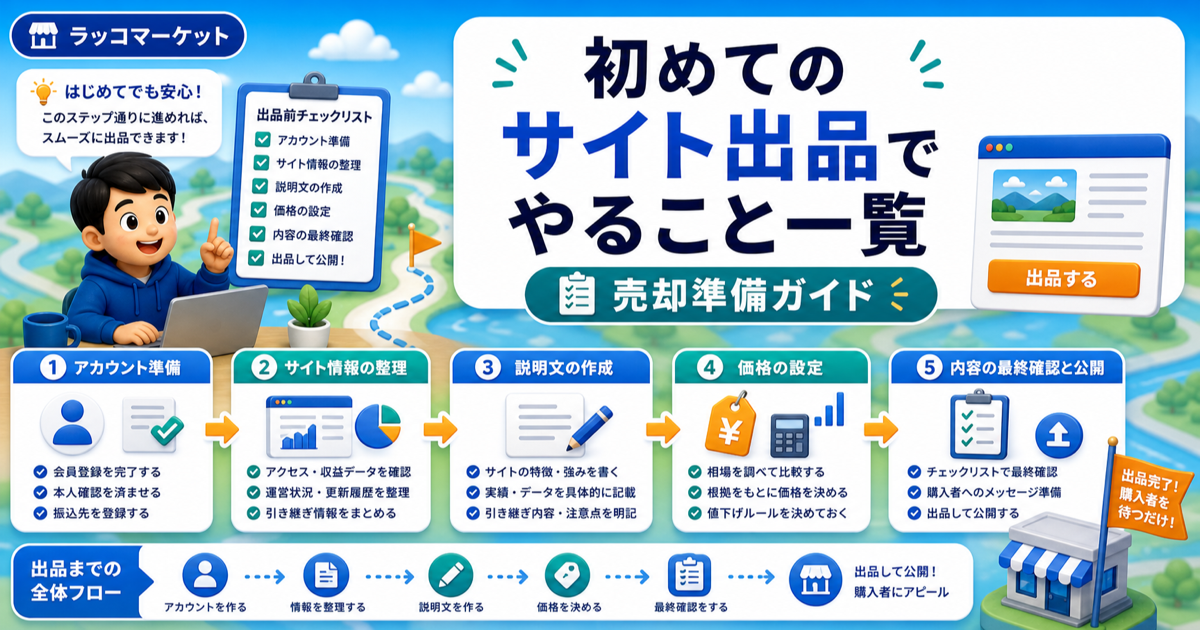 初めてのサイト出品でやること一覧｜ラッコマーケット前提の実務ステップのアイキャッチ画像