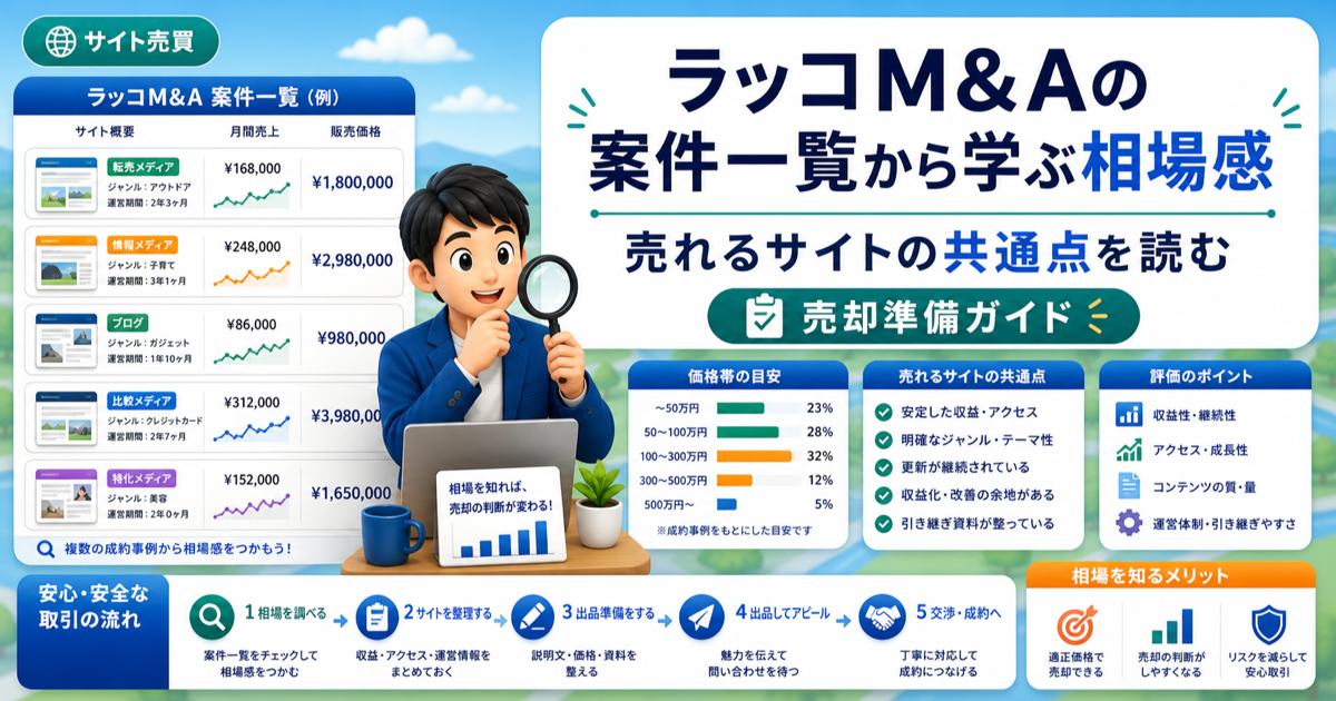 ラッコM&Aの案件一覧から学ぶ相場感｜売れるサイトの共通点を読むのアイキャッチ画像