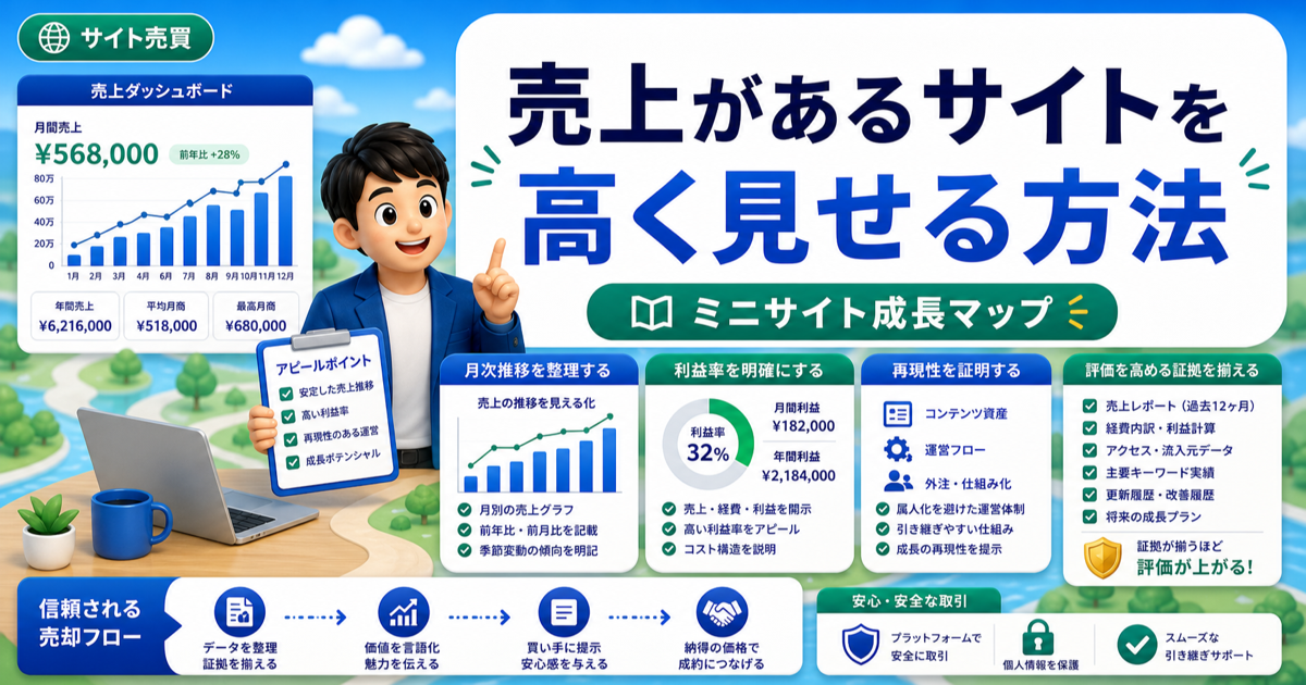売上があるサイトを高く見せる方法｜月次推移・利益率・再現性を整理するのアイキャッチ画像