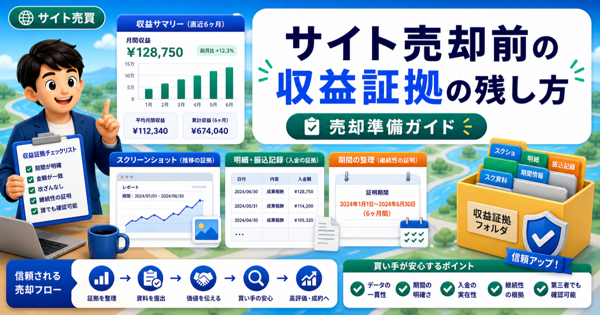 サイト売却前の収益証拠の残し方｜スクショ・明細・期間の整理のアイキャッチ画像