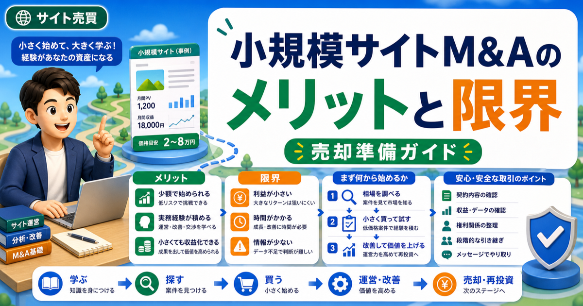 小規模サイトM&Aのメリットと限界｜まず経験を積むなら何から始めるかのアイキャッチ画像