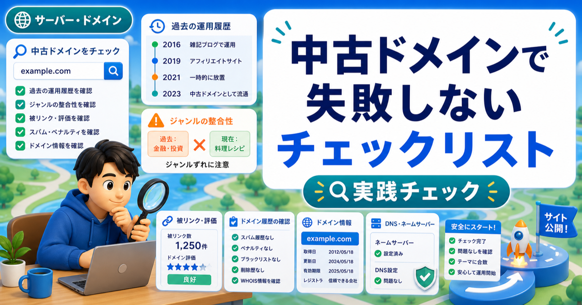 中古ドメインで失敗しないチェックリスト｜過去運用とジャンルずれを確認するのアイキャッチ画像
