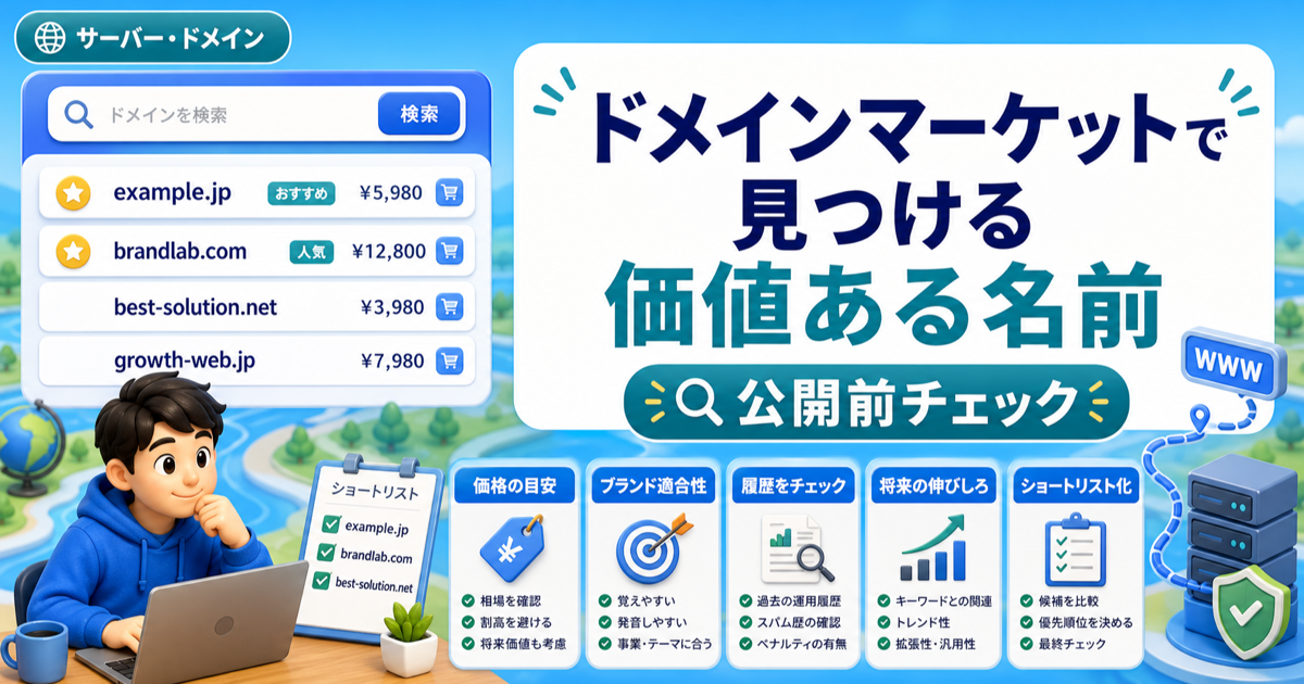 ドメインマーケットで見つける価値ある名前｜価格だけで選ばない見方のアイキャッチ画像