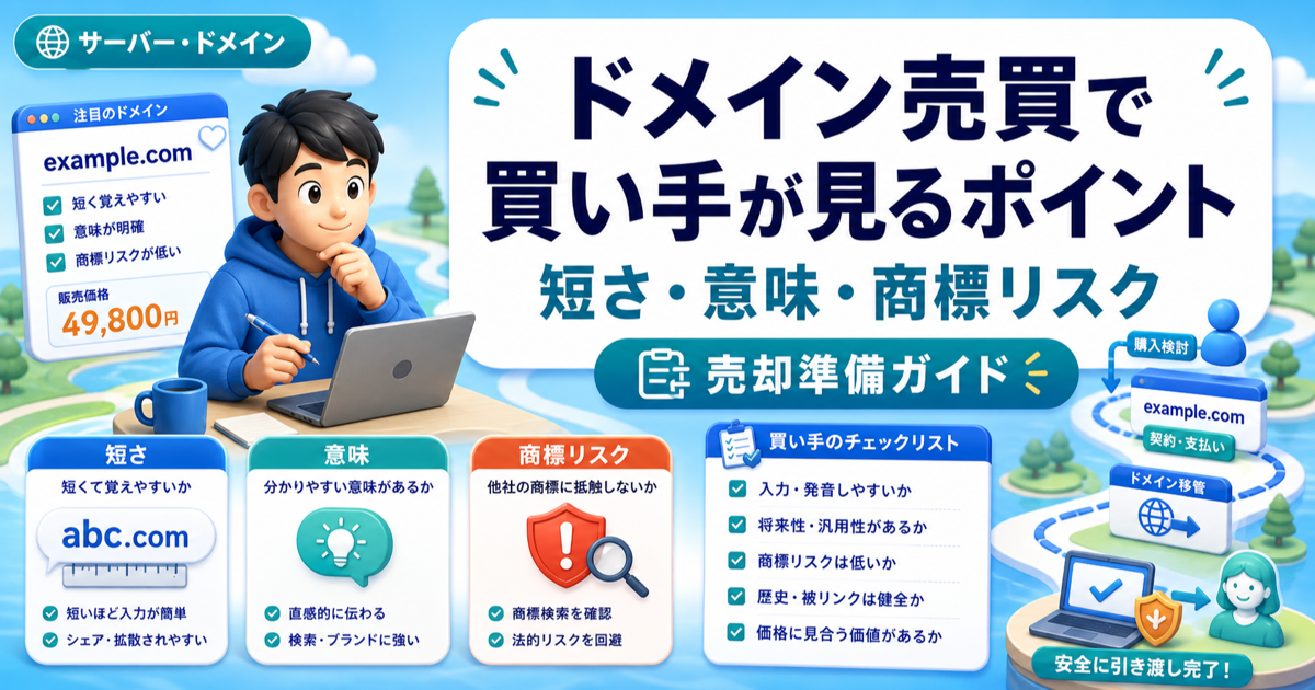 ドメイン売買で買い手が見るポイント｜短さ・意味・商標リスクのアイキャッチ画像
