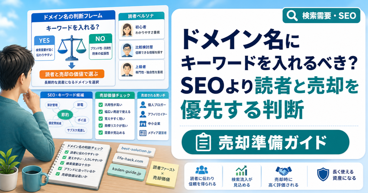 ドメイン名にキーワードを入れるべき？SEOより読者と売却を優先する判断のアイキャッチ画像