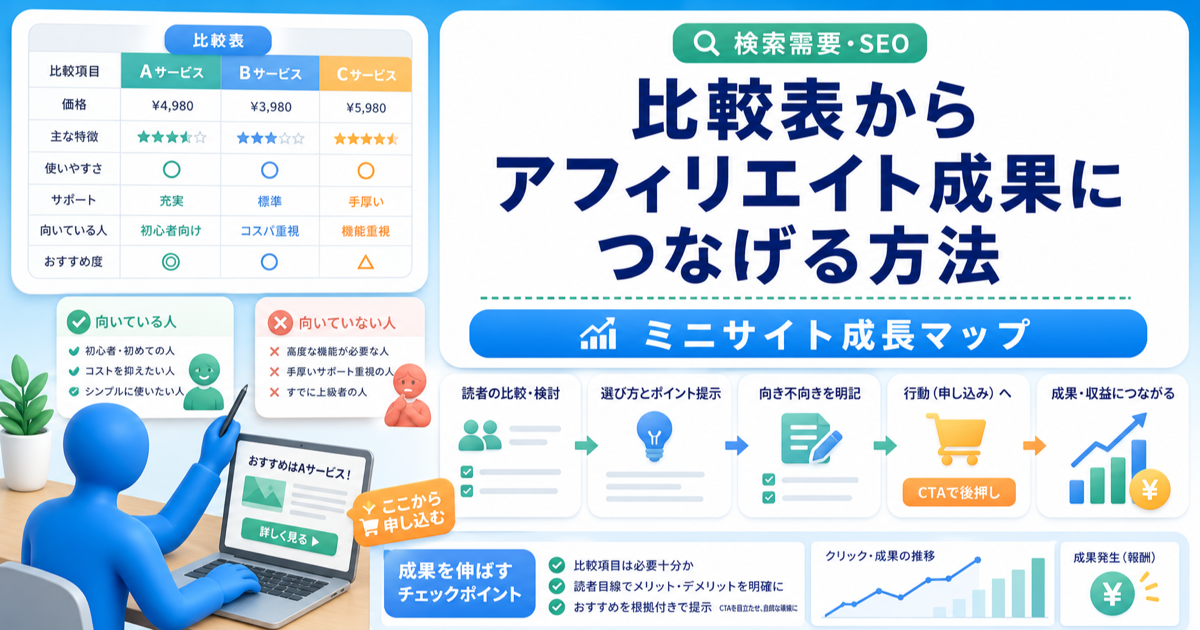 比較表からアフィリエイト成果につなげる方法｜選び方と向き不向きを書くのアイキャッチ画像