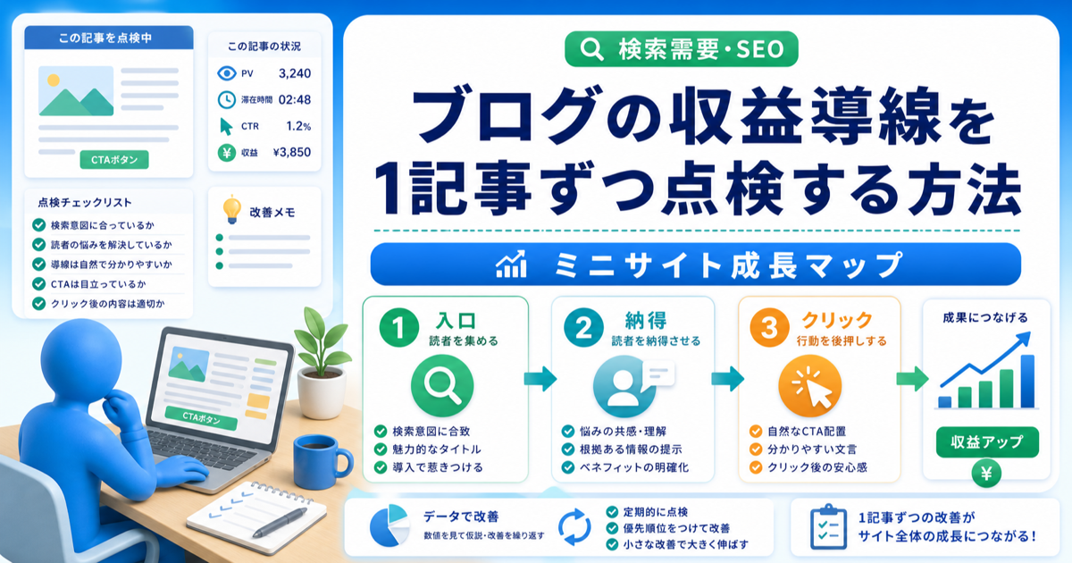 ブログの収益導線を1記事ずつ点検する方法｜入口・納得・クリックの3段階のアイキャッチ画像