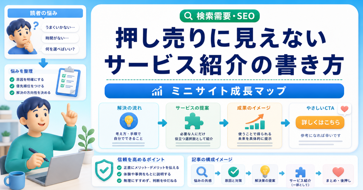 押し売りに見えないサービス紹介の書き方｜悩み解決の一部として提案するのアイキャッチ画像