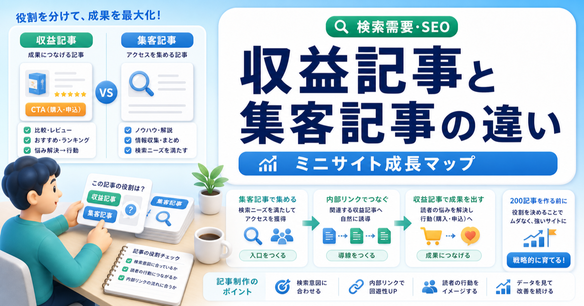 収益記事と集客記事の違い｜200記事を作る前に役割を分けるのアイキャッチ画像