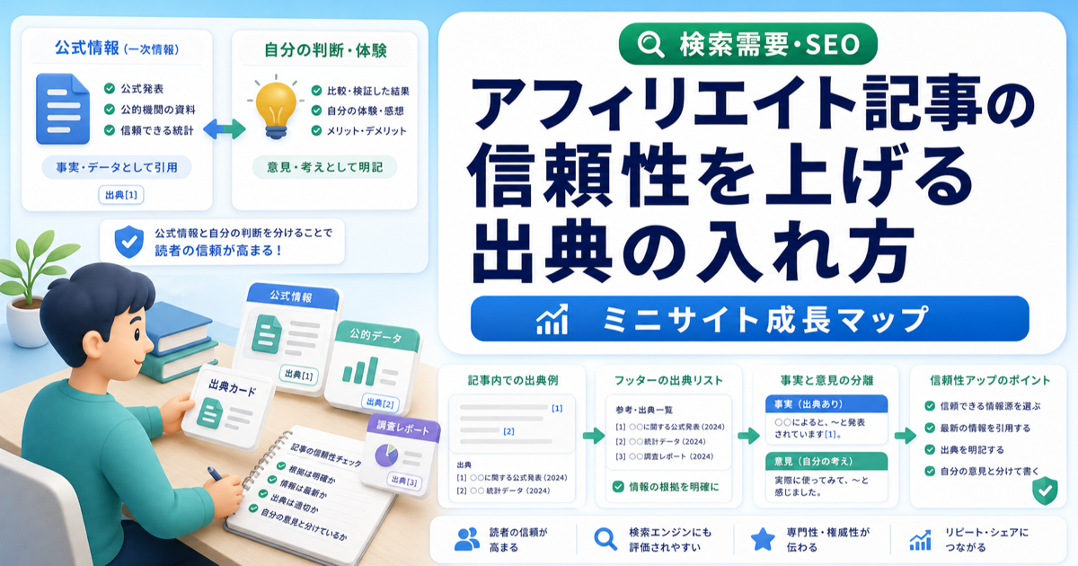 アフィリエイト記事の信頼性を上げる出典の入れ方｜公式情報と自分の判断を分けるのアイキャッチ画像