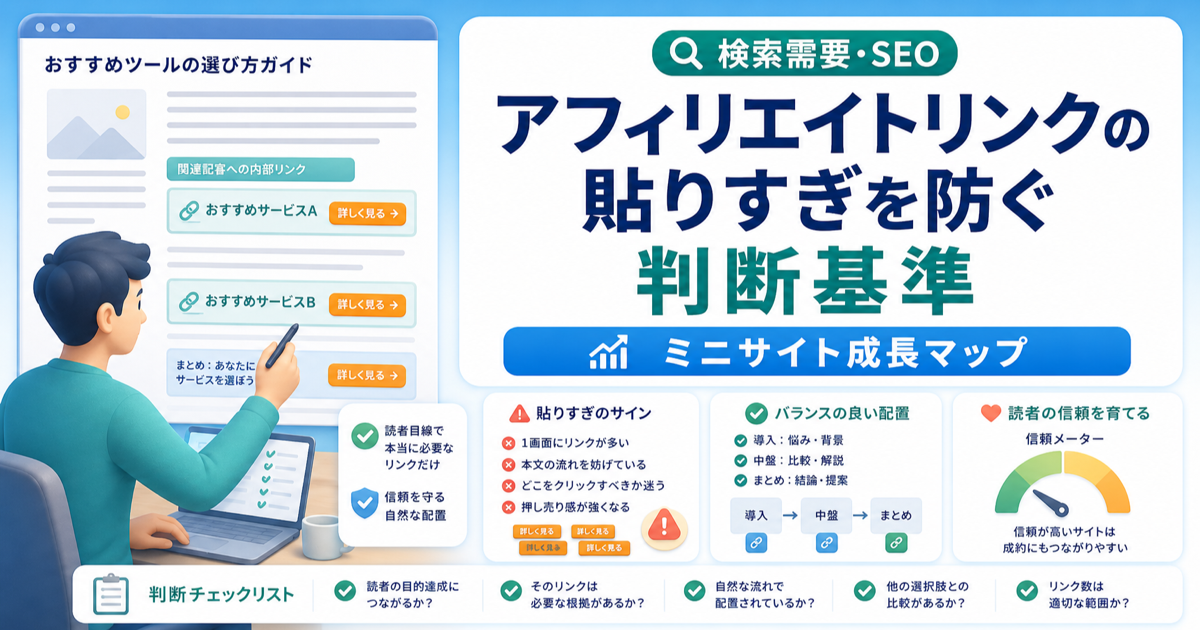 アフィリエイトリンクの貼りすぎを防ぐ判断基準｜読者の集中を奪わない配置のアイキャッチ画像