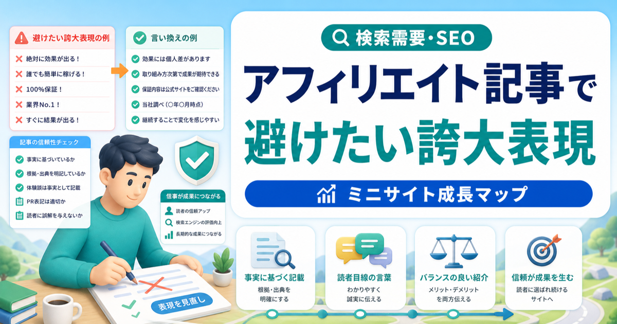 アフィリエイト記事で避けたい誇大表現｜信頼を守る言葉の選び方のアイキャッチ画像
