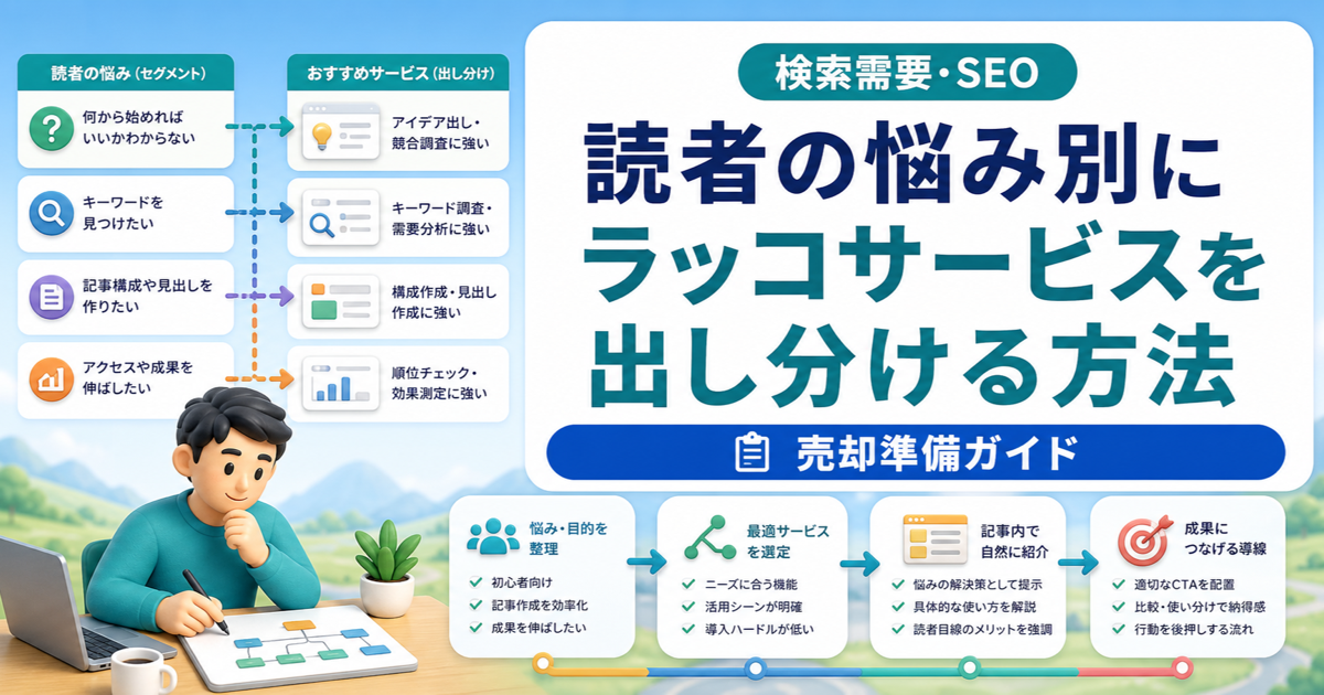 読者の悩み別にラッコサービスを出し分ける方法｜SEO・構築・売却の導線表のアイキャッチ画像