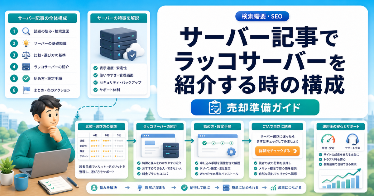 サーバー記事でラッコサーバーを紹介する時の構成｜開設手順と売却視点を入れるのアイキャッチ画像