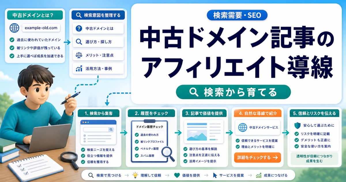 中古ドメイン記事のアフィリエイト導線｜不安解消から詳細検索へつなげるのアイキャッチ画像