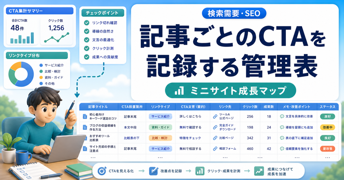 記事ごとのCTAを記録する管理表｜どのリンクを貼ったか後で分かるようにするのアイキャッチ画像