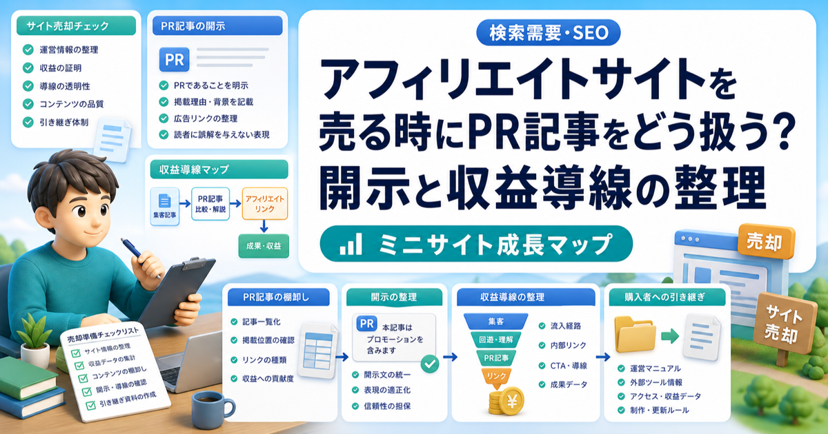 アフィリエイトサイトを売る時にPR記事をどう扱う？開示と収益導線の整理のアイキャッチ画像