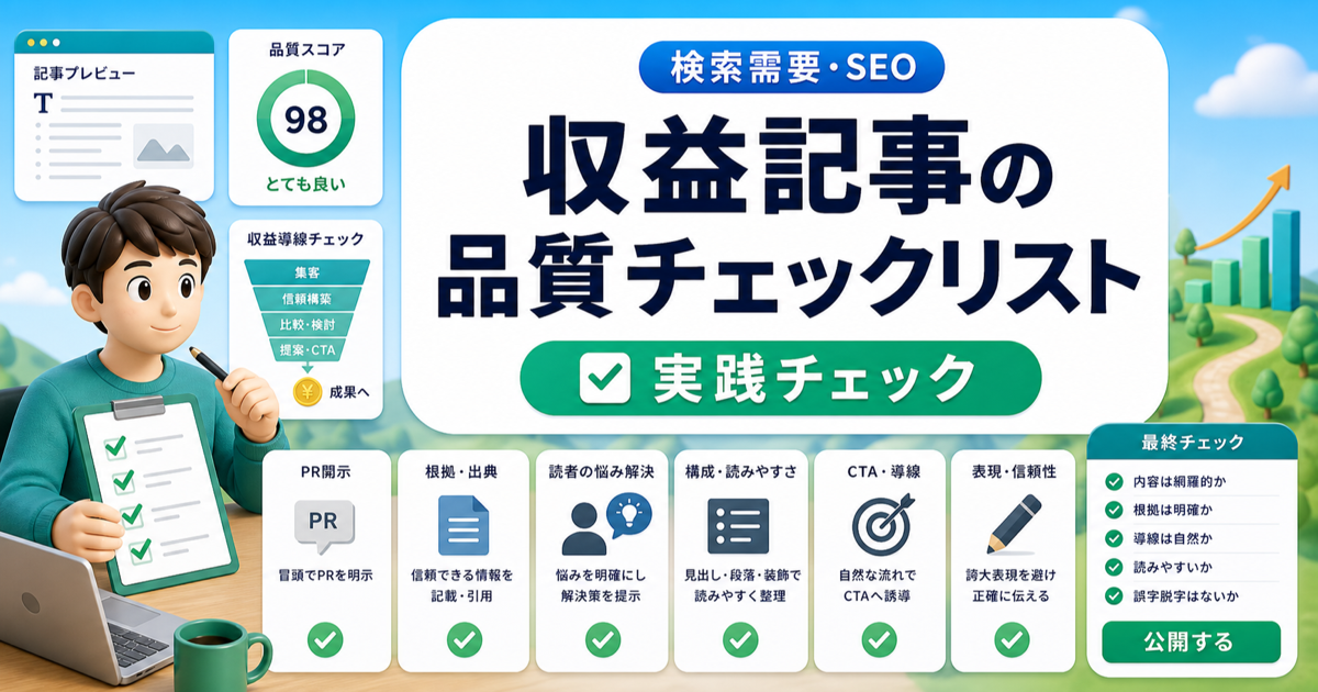 収益記事の品質チェックリスト｜公開前に見るPR・根拠・導線・読みやすさのアイキャッチ画像