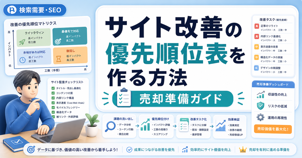 サイト改善の優先順位表を作る方法｜SEO・CV・売却価値で並べるのアイキャッチ画像