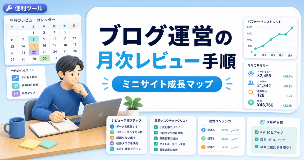 ブログ運営の月次レビュー手順｜記事追加より先に見る数字と導線のアイキャッチ画像
