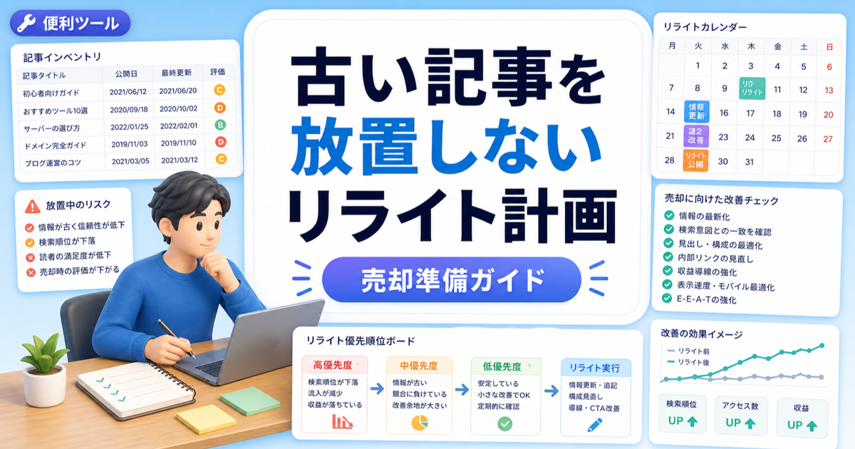 古い記事を放置しないリライト計画｜売却前に直すべき記事を選ぶのアイキャッチ画像