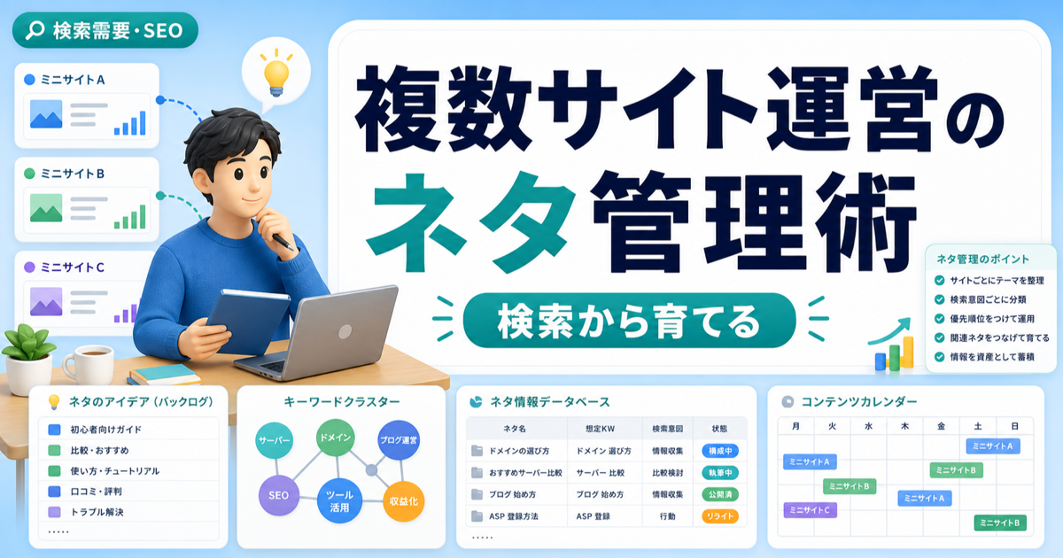 複数サイト運営のネタ管理術｜キーワードとアフィリエイト導線を混ぜないのアイキャッチ画像