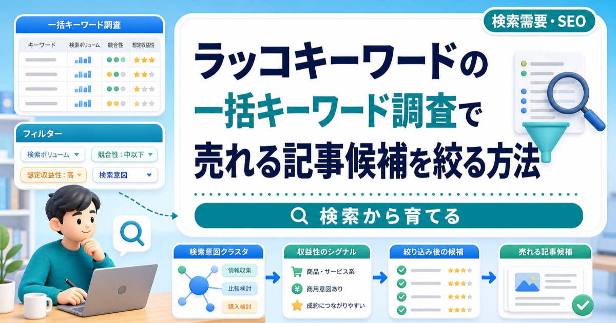 ラッコキーワードの一括キーワード調査で売れる記事候補を絞る方法｜検索数だけで選ばないのアイキャッチ画像