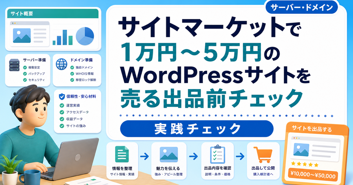 サイトマーケットで1万円〜5万円のWordPressサイトを売る出品前チェックのアイキャッチ画像