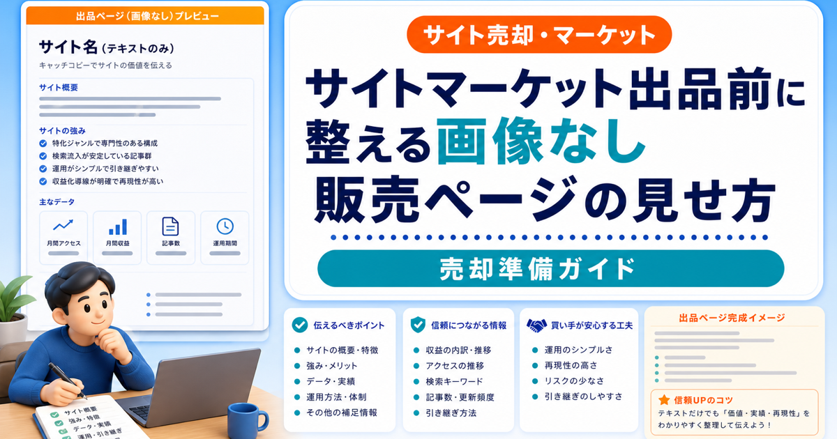 サイトマーケット出品前に整える画像なし販売ページの見せ方｜文章だけで価値を伝えるのアイキャッチ画像