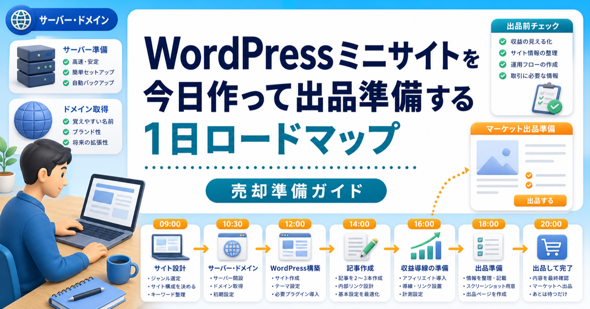 WordPressミニサイトを今日作って出品準備する1日ロードマップ｜サーバーから説明文までのアイキャッチ画像
