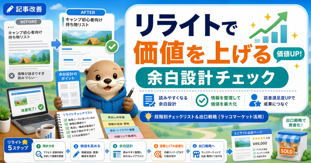 リライトで価値を上げる“余白設計”完全ガイド｜段階別チェックリスト＆出口戦略（ラッコマーケット活用）のアイキャッチ画像
