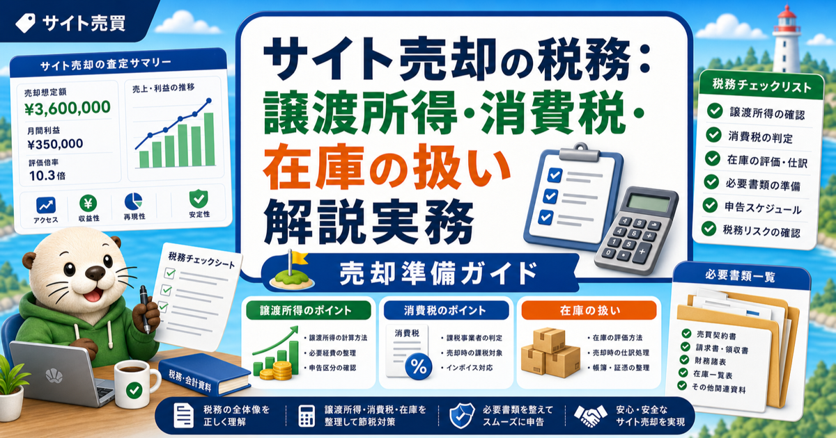 サイト売却の税務：譲渡所得・消費税・在庫の扱い完全ガイド解説実務のアイキャッチ画像
