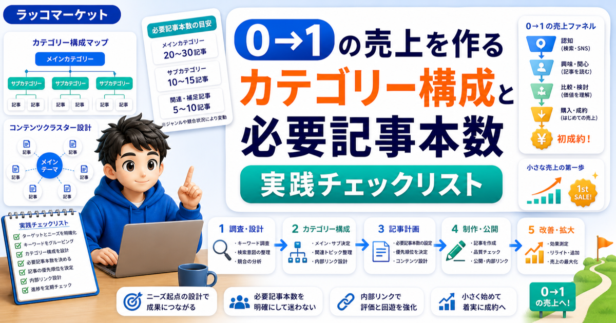 0→1の売上を作るカテゴリー構成と必要記事本数実践チェックリストのアイキャッチ画像